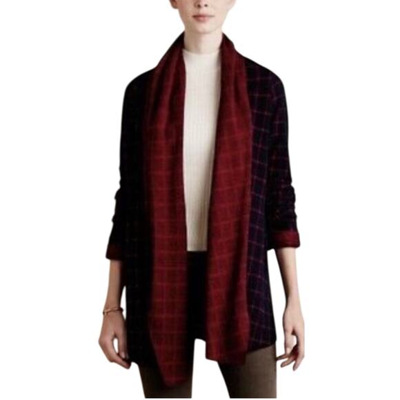 Sanctuary Anthropologie Red & Navy Windowpane Drape Wrap Cardigan Jacket MED - Picture 1 of 10